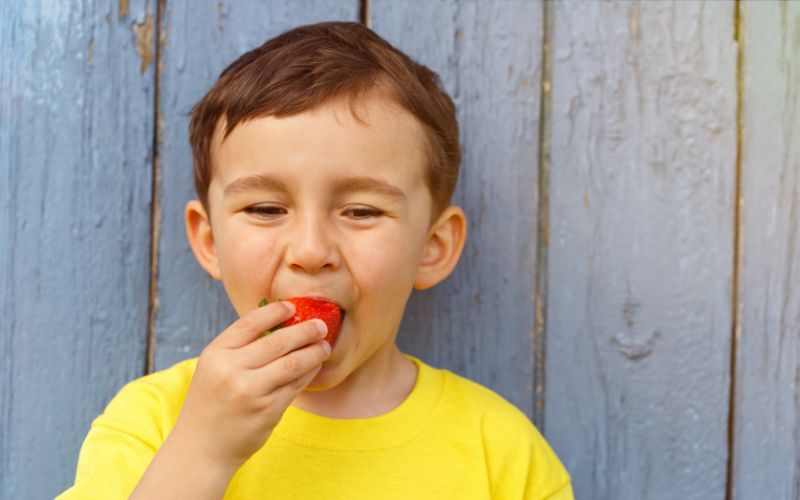 Little boy in yellow shirt eats a strawberry